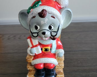 Vintage Christmas Mouse on Rocking Chair Bank