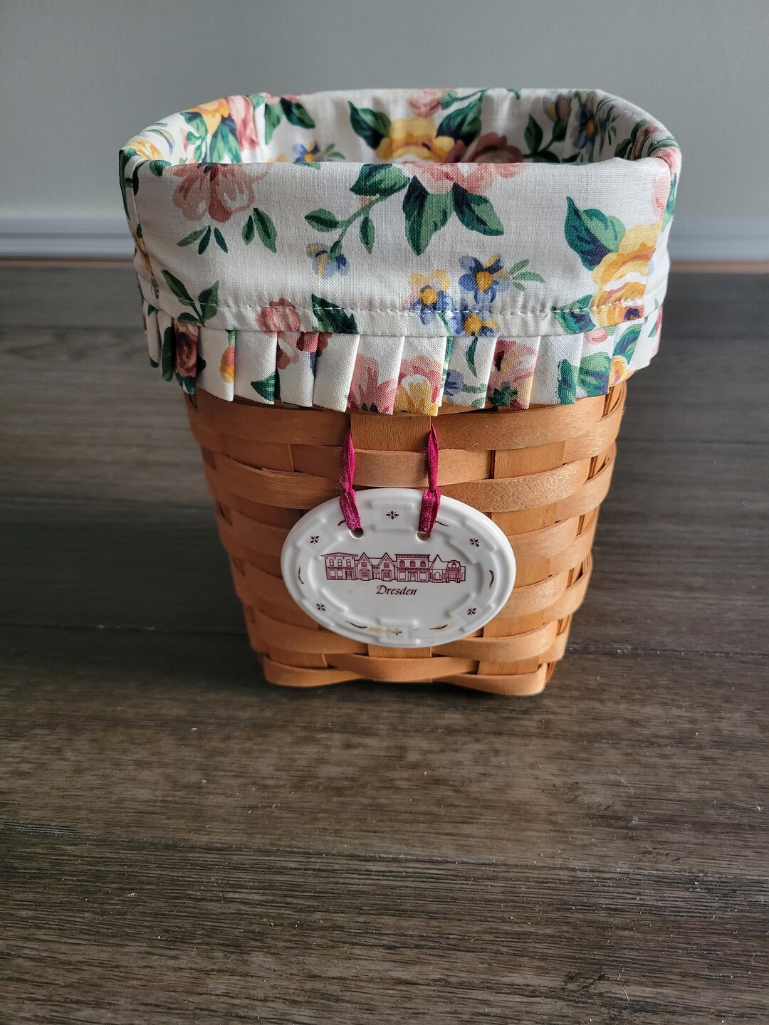 Vintage Tall Square Longaberger Basket Marked 1997, With Ceramic Tie Marked Dresden and Flowered