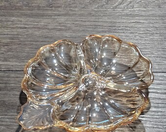 Vintage Iridescent Glass Flower Dish, Carnival Glass