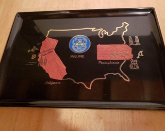 Vintage Couroc Tray with United States Map of Pennsylvania and California