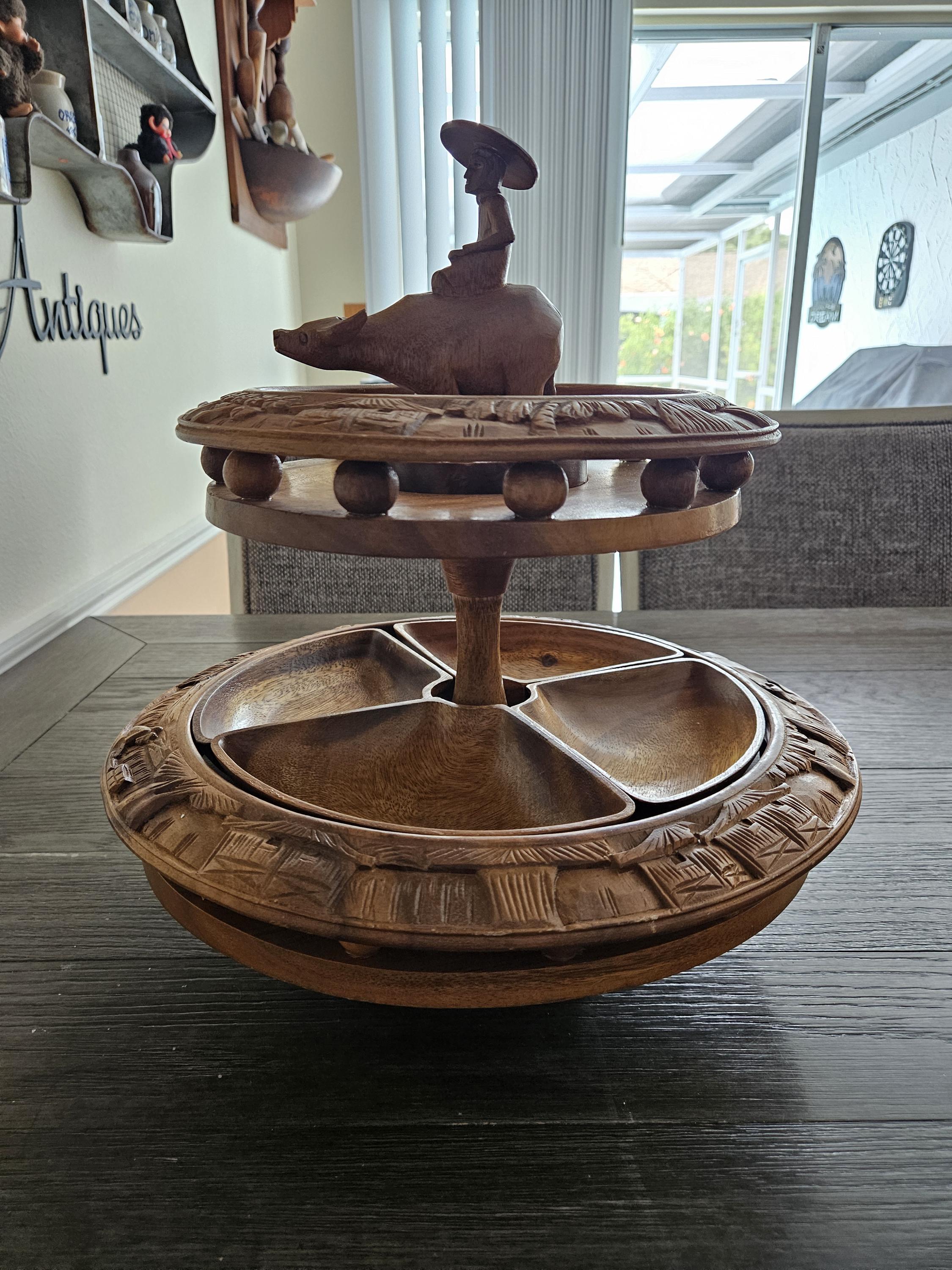 Vintage Carved Wood Lazy Susan 2 Tier Serving Monkey Pod