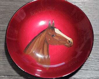 Vintage Red Wooden Bowl With Horse Stating Kentucky Blue Grass State