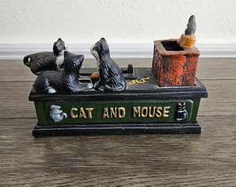 Vintage Cast Metal Cat and Mouse Mechanical Bank