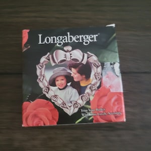 Vintage Tall Square Longaberger Basket marked 1997, with Ceramic Tie marked Dresden and flowered liner