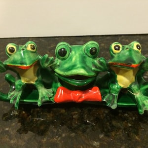 Vintage Frog Salt and Pepper Shakers with Small Sugar Container on a Tray