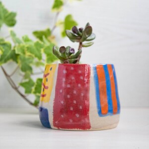 Può includere: Un vaso in ceramica colorato con un design geometrico rosso, giallo, blu e arancione. Il vaso è riempito con una piccola pianta grassa verde.