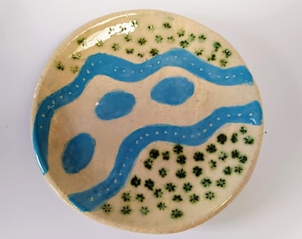 Dekorativer Keramikteller, Dessertteller Keramik, Keramikgeschirr, Weißer Steinzeug-Teller, handbemalter Keramikteller mit blauem Muster