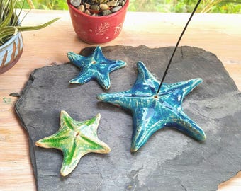 Handmade Pottery Starfish Incense Burner: Blue Glazed Ceramic Beach Decor