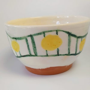 Puede incluir: Un cuenco de cerámica blanca con un diseño geométrico verde y amarillo. El cuenco tiene un borde de terracota.