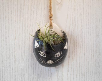 Lindo macetero colgante de pared con forma de gato negro, mini macetero, soporte para plantas de aire, idea de regalo