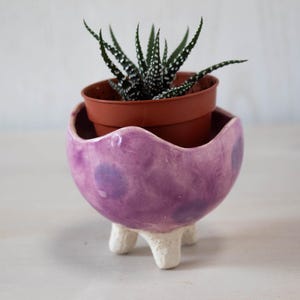 May include: A purple ceramic planter with white legs and a wavy rim. The planter is holding a small succulent plant in a brown pot.