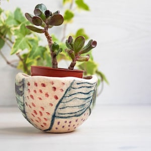 Unique planter handmade ceramic, Modern pot with sgrafitto pattern