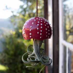 Op de afbeelding: Een rode keramische paddenstoelpot met witte stippen hangt aan een touwtje. Een groene luchtplant groeit uit de bovenkant van de pot.
