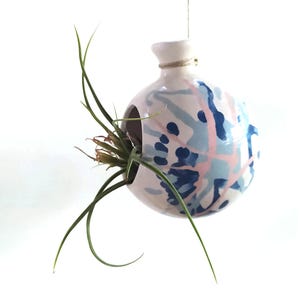 May include: A white ceramic hanging planter with a blue, pink, and light blue abstract design. The planter has a hole in the side for a plant to hang out of. A green air plant is hanging out of the planter.