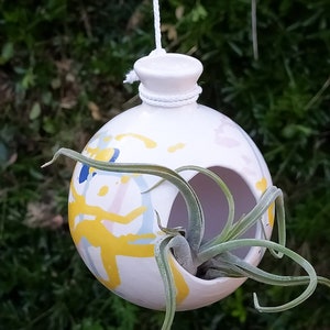 May include: White ceramic hanging planter with a yellow, blue and pink abstract design. The planter has a hole in the side and is filled with a green air plant.