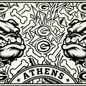 Könnte beinhalten: Schwarz-weiße Illustration mit zwei Bulldoggenköpfen mit Stachelhalsbändern, vor einem Hintergrund aus Knochen, dem Buchstaben "G" und geometrischen Formen. Das Wort "ATHENS" ist unten zu sehen.