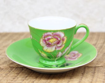 Small Green & Pink Floral Ohashi China Teacup and Saucer