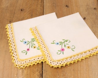 2 Vintage Embroidered Linen Handkerchiefs