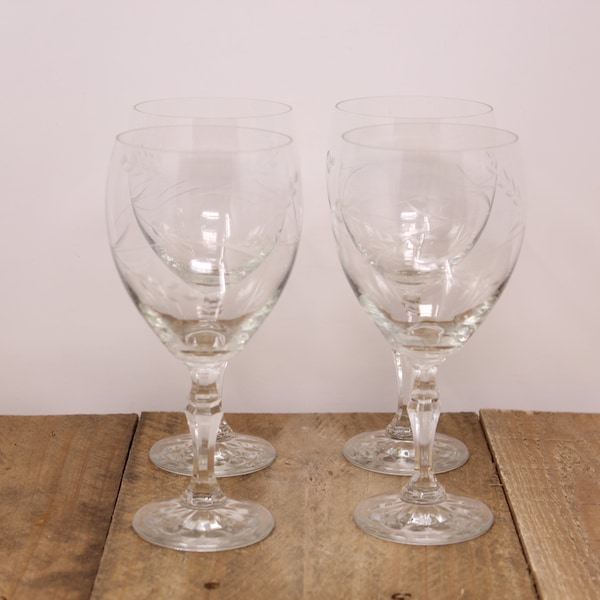 4 Antique Grain Etched - Crystal Water Goblets / Wine Glasses