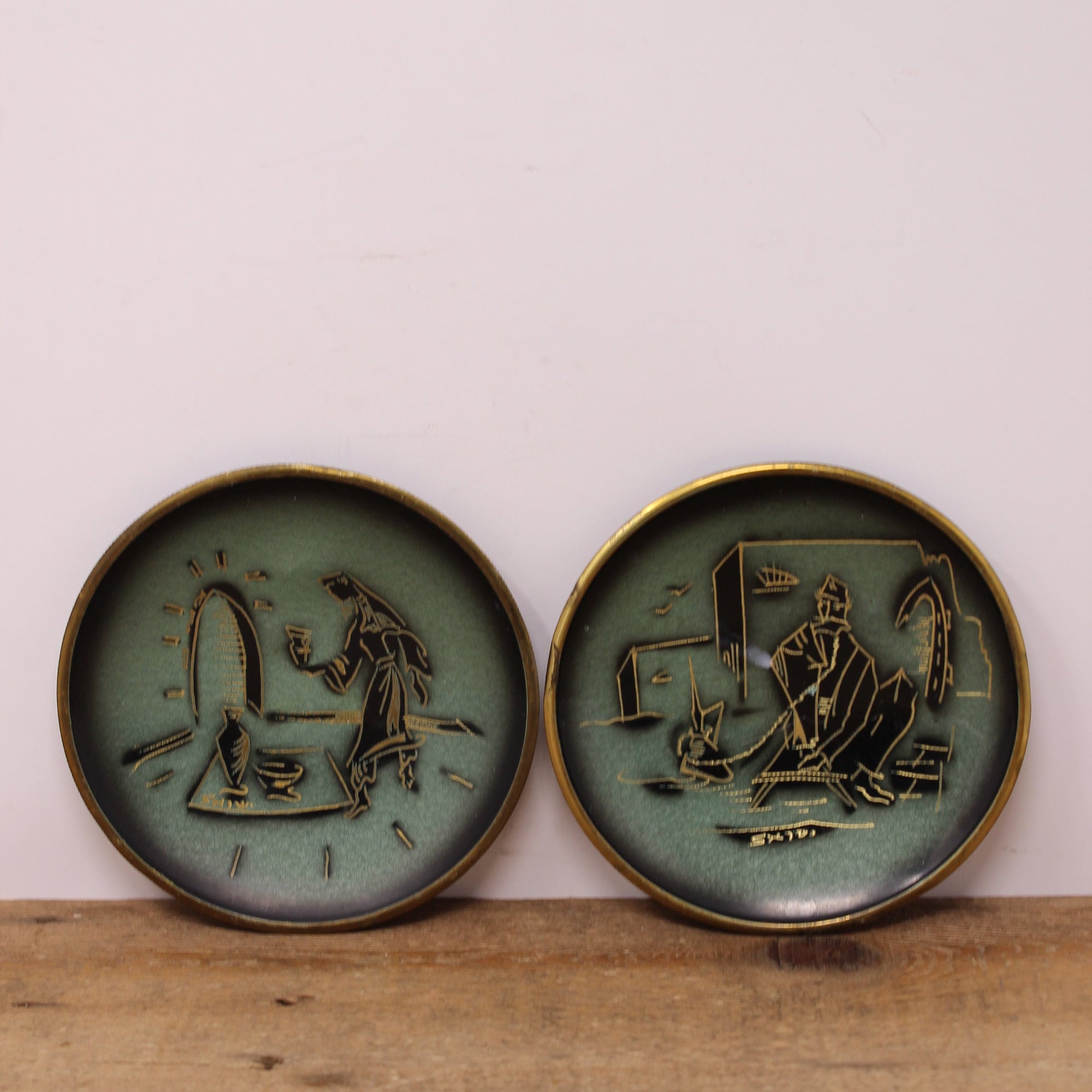 2 Small Vintage Oppenheim Israel - Hand engraved Enameled Brass Wall Decor Plates