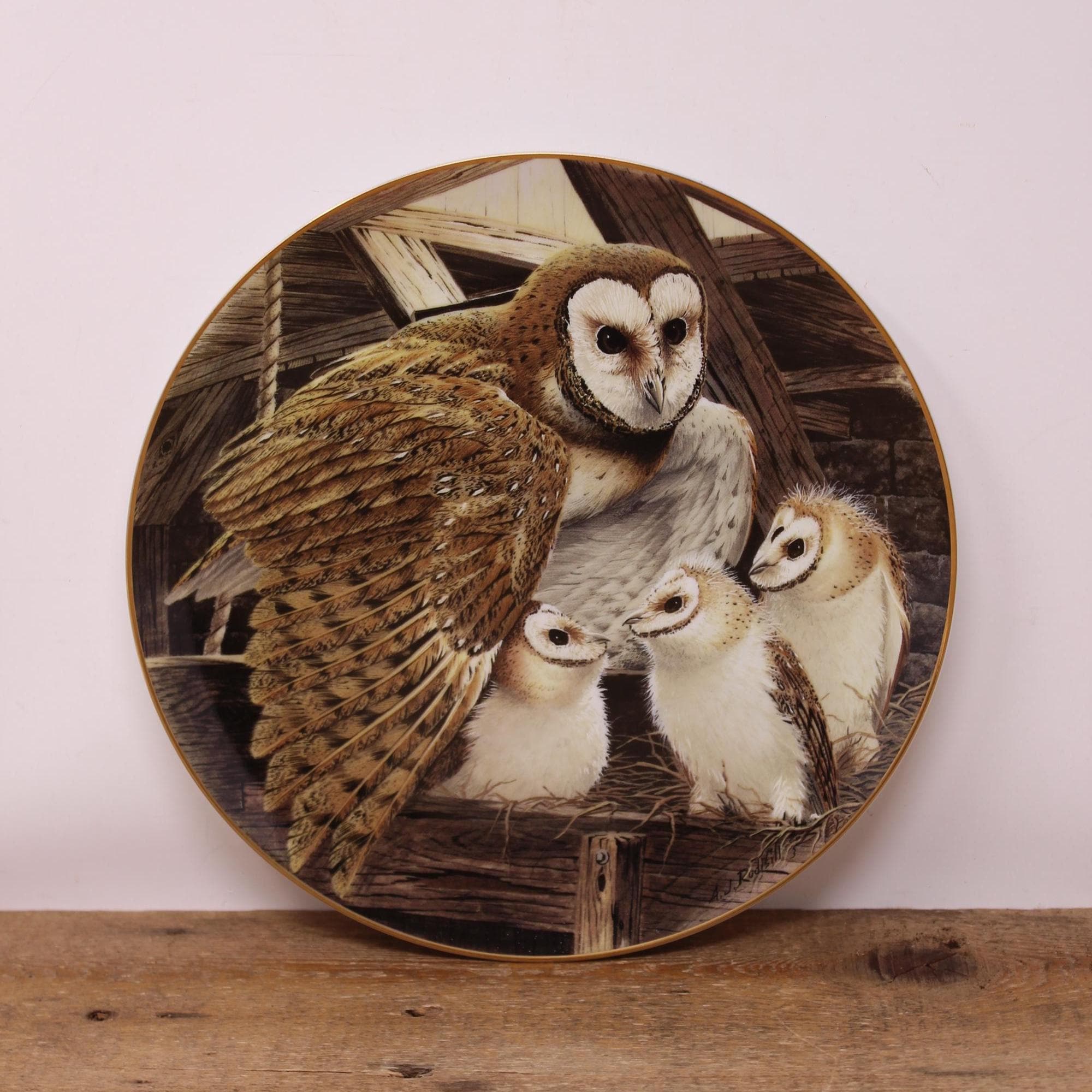 Vintage "Barn Owl - Embracing Chicks" by A.J. Rudisill - Franklin Porcelain