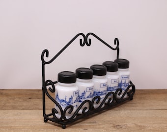 Vintage Spice Rack with 5 Belgian Milk Glass Spice Bottles