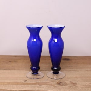 Set of 2 Vintage Cobalt Blue White Cased Glass Bud Vase with Clear Glass Foot