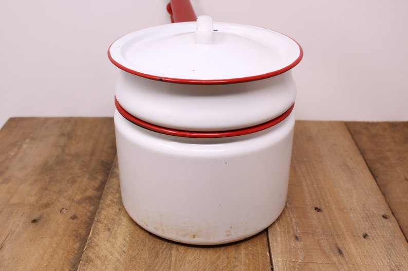 White Enamel Double Boiler With Red Rim Etsy