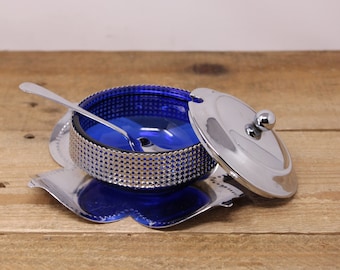 Vintage Art Deco Lotus Glower Design - Covered Chrome Dish with Cobalt Blue Glass Insert & Spoon - Made in England