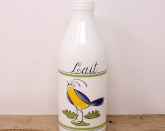 Vintage Egizia White Milk Glass "Lait" Milk Bottle - Bird Design - Made in Italy