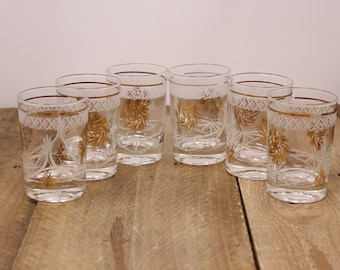 6 Vintage MCM - Atomic Gold Pinwheel - High Ball Glasses by Dominion Glass