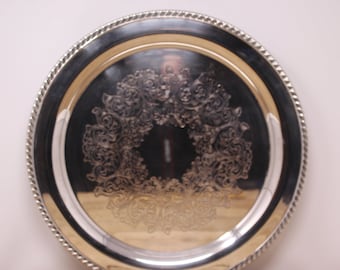 Vintage 14.75" Footed Round Wm. A. Rogers Tray with Etched Scroll Design