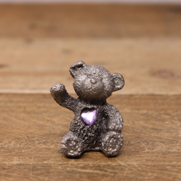 Vintage Pewter Bear Figurine - Pink / Rose Heart Birthstone Bear