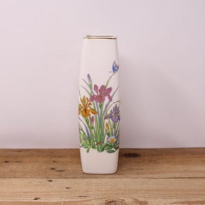 Vintage Square White Porcelain Vase with Yellw, Purple and Red Irises and Gold Color Trim
