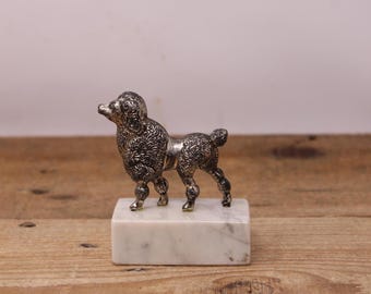 Vintage Silver Color Metal Poodle Mounted on a Marbled Stone Base
