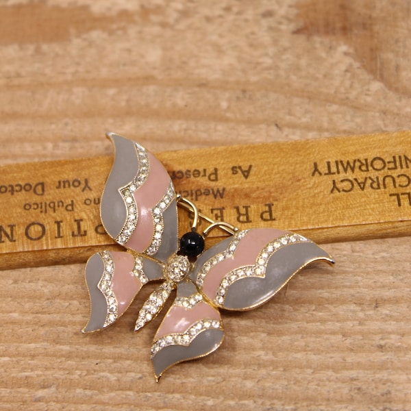 Vintage D'Orlan Pink & Gray Enameled Gold Tone Butterfly Brooch with Rhinestones