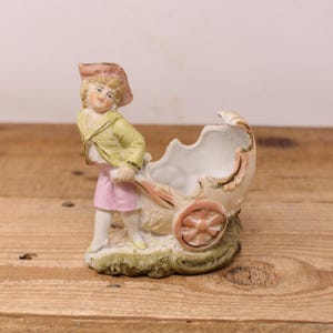 Vintage Small Hand-Painted Bisque Porcelain Boy with Wagon Design Vase / Planter 10061