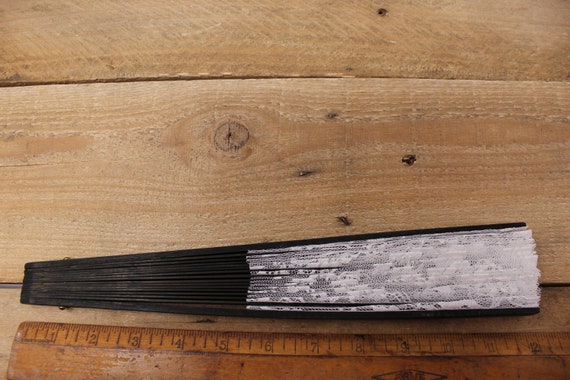12"  Folding Black Bamboo & White Lace Hand Fan /… - image 7
