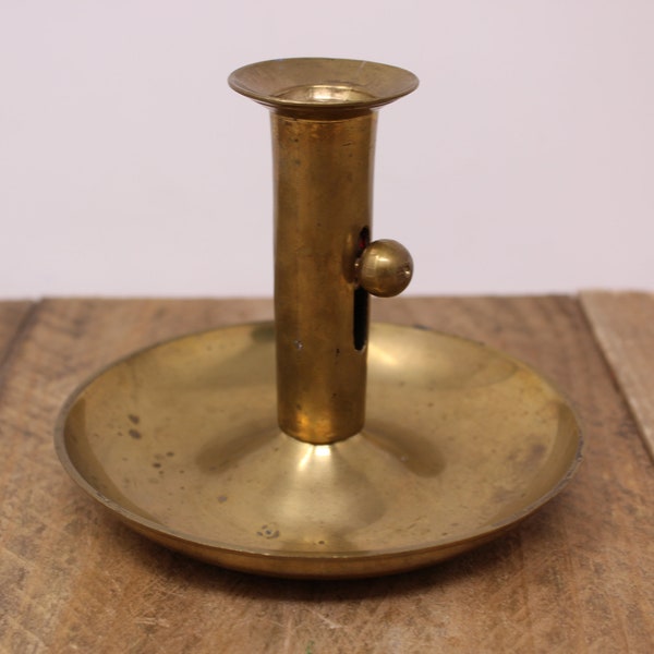 Antique Brass Candle Holder with Height Adjuster and Large Wax Well