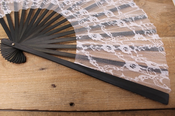 12"  Folding Black Bamboo & White Lace Hand Fan /… - image 4