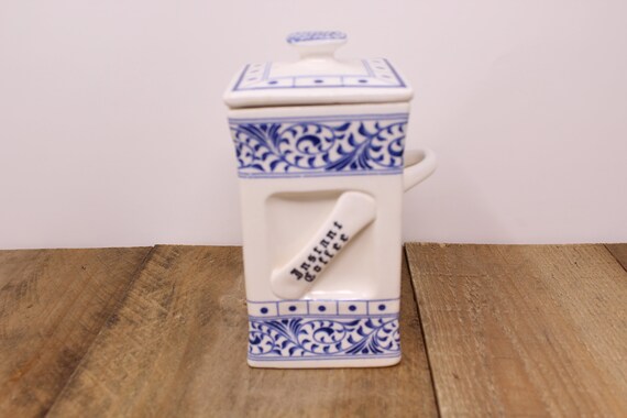 Vintage Grenada Blue & White Porcelain Instant Coffee Container