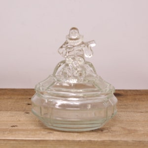1930s L.E. Smith &quot;Minstrel&quot; Glass Powder Jar - Clear Glass Powder Box with Lid