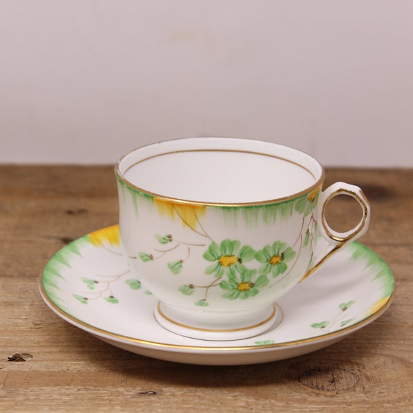 Vintage Thomas Forester & Sons (Ltd) - Phoenix Works - Footed Cup and Saucer Set - Green / Yellow Floral Cup and Saucer