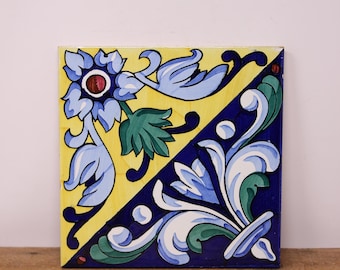 Vintage Italian Ceramic Tile: 8" Geometric Floral Design