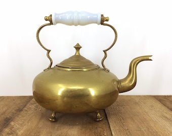 Victorian Brass Footed Tea Kettle with White Glass Handle and Swan Neck Spout