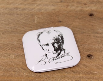 Vintage Square White & Black - Signed Mustafa Kemal Atatürk Enamel Mirror Compact
