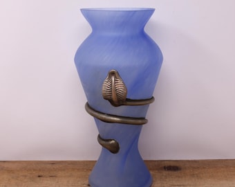 Romblast Blue Romanian Mouth Blown Glass Vase with Leaf Decor