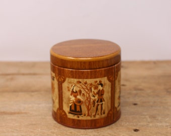 Vintage Small Round Canister Metal Tin - Woodgrain Design with Decorative Panels