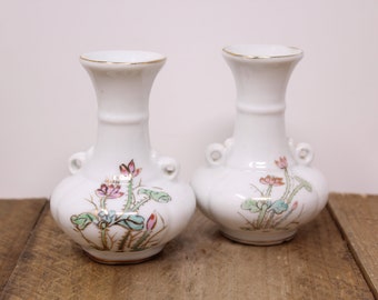 Set of White Ceramic Vases with Handles and Floral Decor