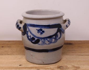 Vintage Gray and Cobalt Blue Salt-Glazed Stoneware Jar / Crock / Planter